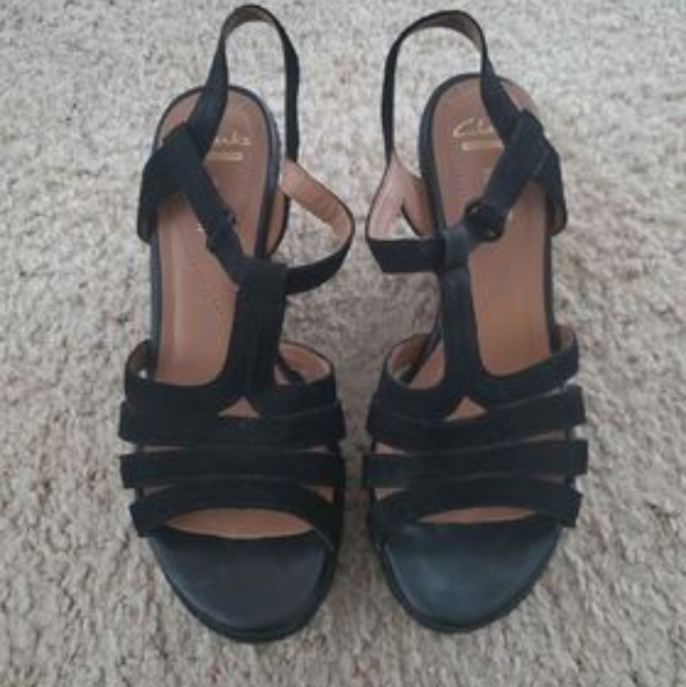 Clark's Black Wedge Sandals - Size 8